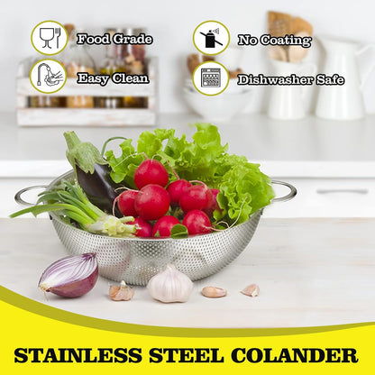 P&P CHEF Stainless Steel Colander, Micro-Perforated Food Strainer with Handle for Washing Draining, Great for Pasta Fruits Vegetables, Dishwasher Safe & Healthy, 1 +3 Qt, 2Pcs