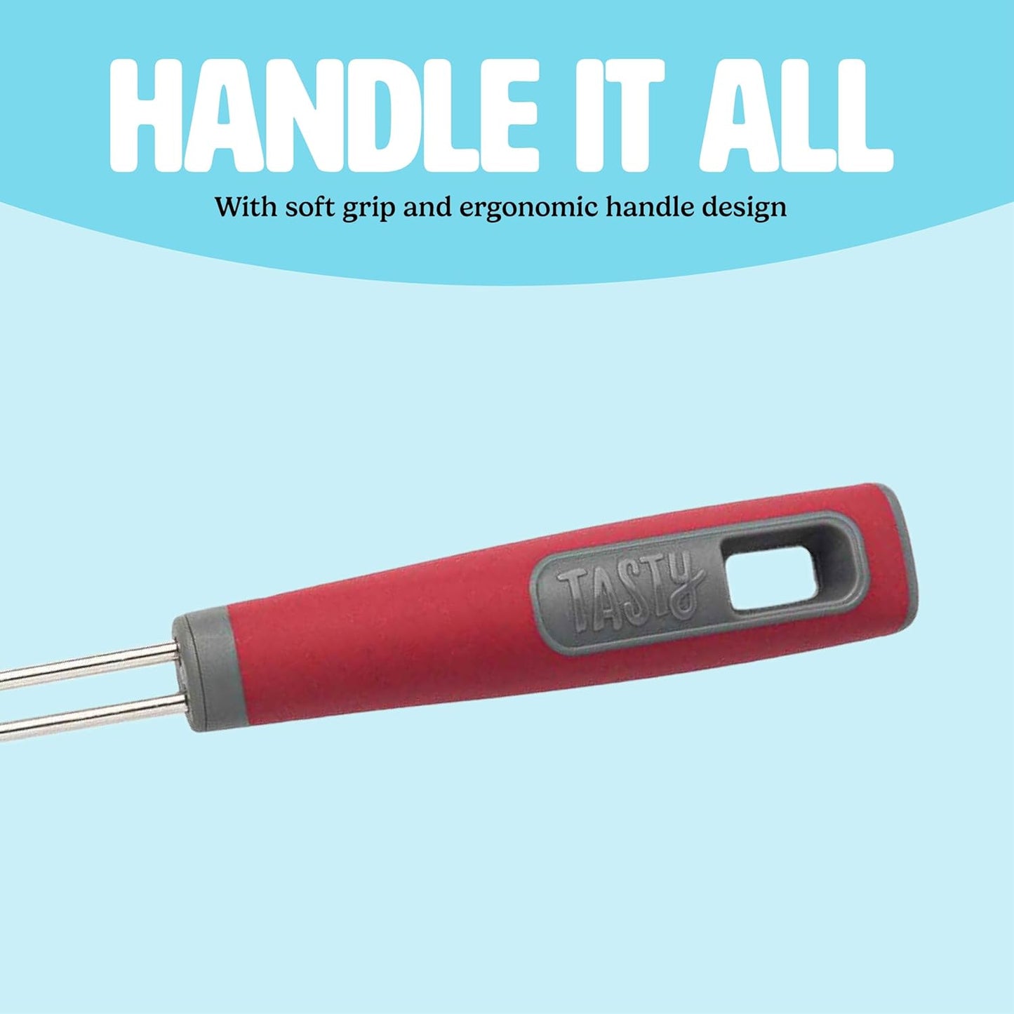 Tasty Stainless Steel Round Wire Skimmer, Comfort Grip Handle for Safe Scooping, Skimming and Serving, 5" Diameter, Red