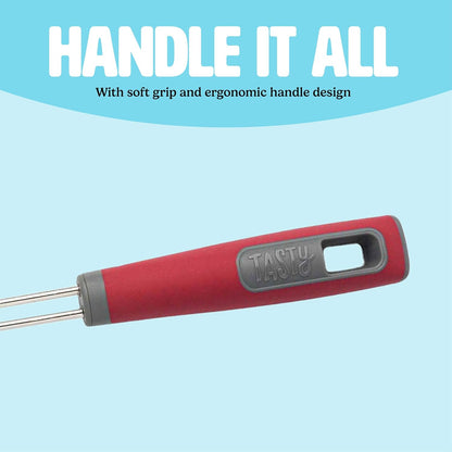 Tasty Stainless Steel Round Wire Skimmer, Comfort Grip Handle for Safe Scooping, Skimming and Serving, 5" Diameter, Red