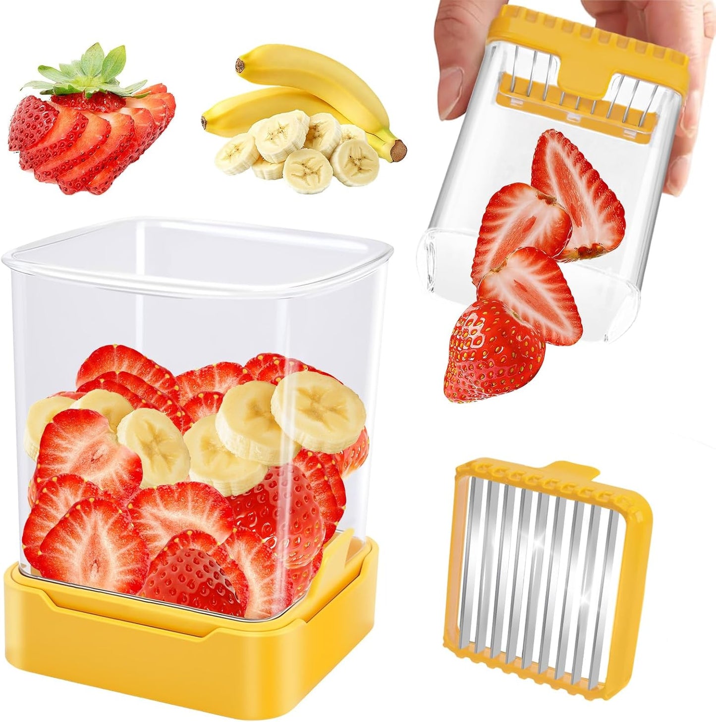 Fruit Slicer Cup for Strawberry, Banana, Hard-Boiled Egg - Detachable Cutter with Push Plate - 304 Stainless Steel Blade - Rapid & Safe Slicing Kitchen Gadget for Quick Meal Prep (Black)