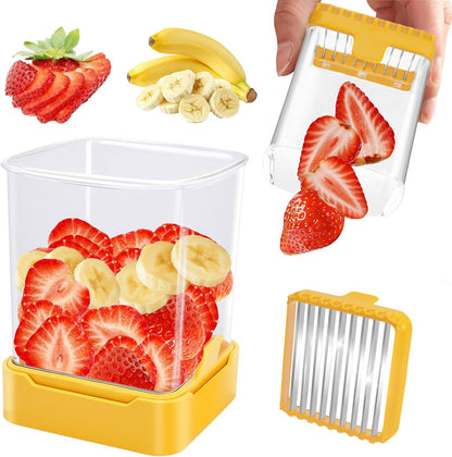Fruit Slicer Cup for Strawberry, Banana, Hard-Boiled Egg - Detachable Cutter with Push Plate - 304 Stainless Steel Blade - Rapid & Safe Slicing Kitchen Gadget for Quick Meal Prep (Black)