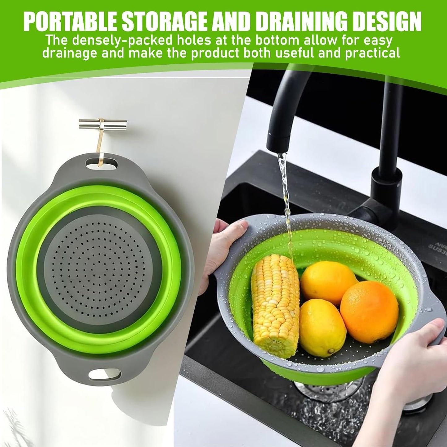 Collapsible Colanders, Food Strainers for Kitchen Use, Food-Grade Silicone Folding Strainer for Rinsing and Draining, Orange