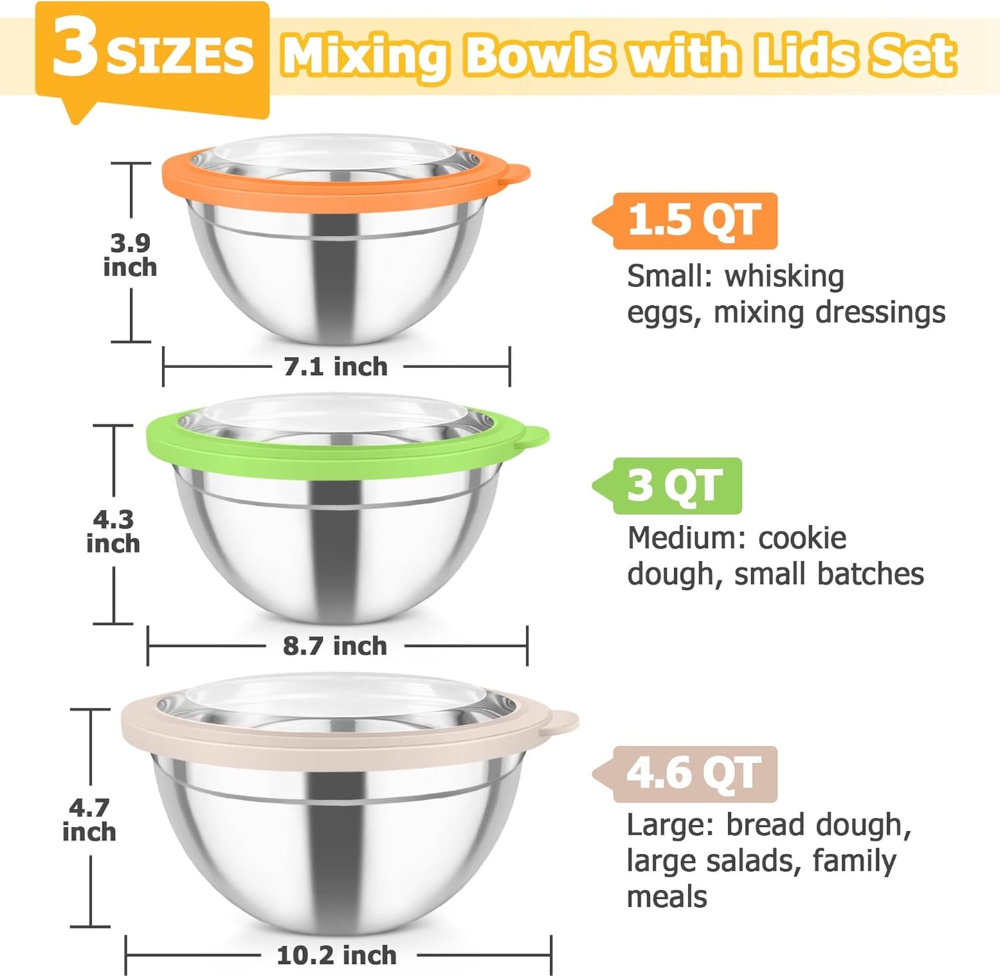 TeamFar Mixing Bowls with Lids, 4.5/3/1.5 QT Stainless Steel Nesting Salad Bowls with Airtight Lids, For Serving/Mixing/Storing/Prepping, Healthy & Sturdy, Visible & Easy Clean, Khaki, Set of 3