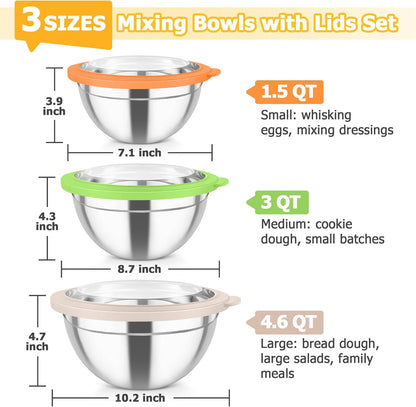 TeamFar Mixing Bowls with Lids, 4.5/3/1.5 QT Stainless Steel Nesting Salad Bowls with Airtight Lids, For Serving/Mixing/Storing/Prepping, Healthy & Sturdy, Visible & Easy Clean, Khaki, Set of 3