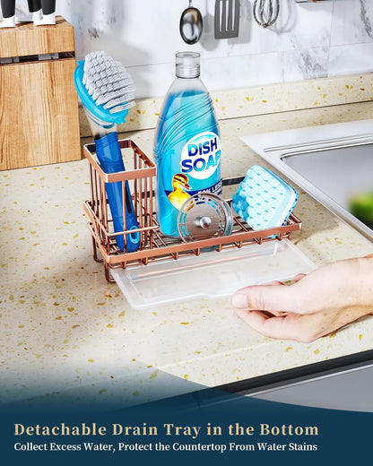 Consumest Sponge Holder for Kitchen Sink - Kitchen Sink Caddy Organizer with Removable Drip Tray for Countertop Dish Soap Dispenser Brush Storage Accessories 304 Stainless Steel - Black