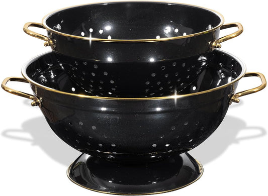 Metal Colander Set of 2, Strainer Basket with Handles perfect for Spaghetti, Pasta, Berry, Vegetable, Fruit, Solid Base Powder Coated Self-draining Kitchen Colander Bowel, 3.5 & 5 Qt, Matte Black