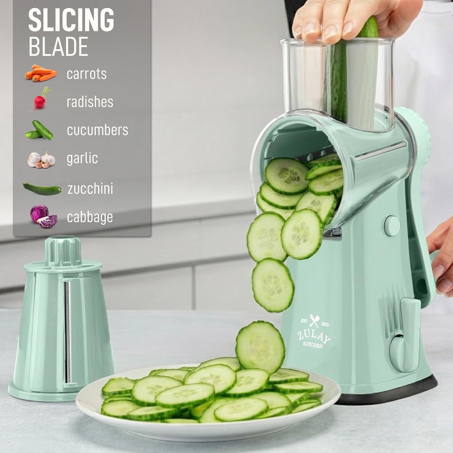 Zulay Kitchen Rotary Cheese Grater 5 Blade Cheese Shredder - Manual Hand Crank Cheese Grater With Reinforced Suction & 5 Interchangeable Drums - Easy to Use, Vegetable Chopper Round Mandoline Slicer - Colors B