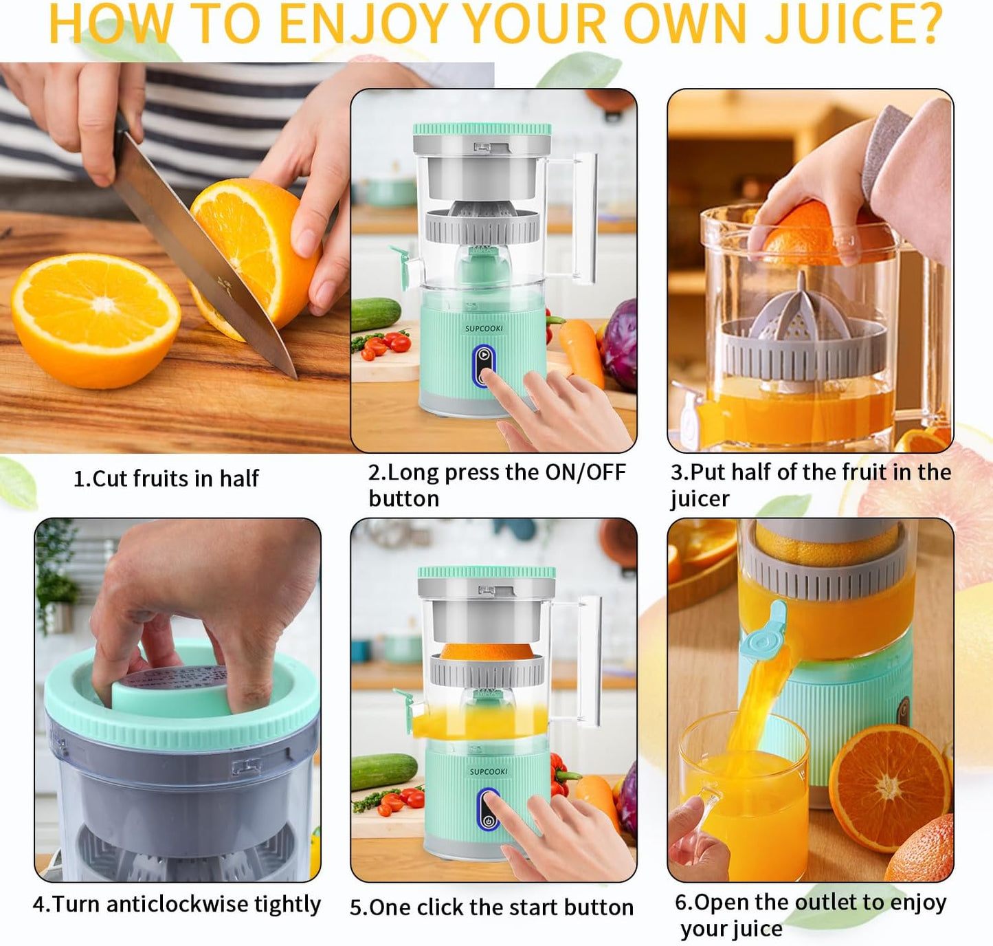 Electric Citrus Juicer, Rechargeable Juicer Machine with USB Cable and Cleaning Brush, Touch Button, Automatic Orange Lime Lemon Grapefruit Squeezer, Easy to Clean Portable Juicer, White