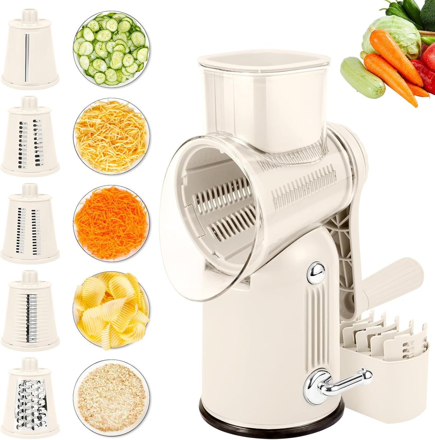 Rotary Cheese Grater with Handle: 5-in-1 Cheese Grater Hand Crank, Strong Suction Base for Fruit Vegetables Nuts with Blade Storage Box(Purple)