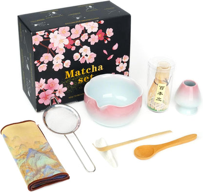 Mint Pink Matcha Whisk & Bowl Set, 8-Piece Complete Matcha Making Kit, Ceremonial Grade Starter Set with Elegant Floral Gift Packaging