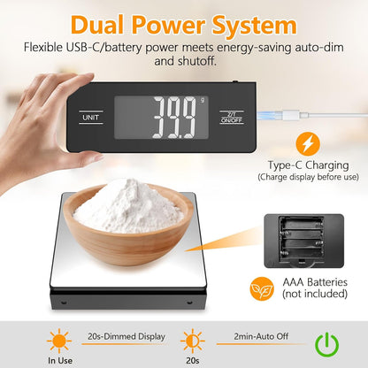 Kitchen Scale with Detachable Display Wireless Stainless Steel Digital Food Scale, 11lb/5kg, 1g Precision, Backlit LCD, Tare Function for Baking, Coffee Brewing & Cooking, Metallic/Black