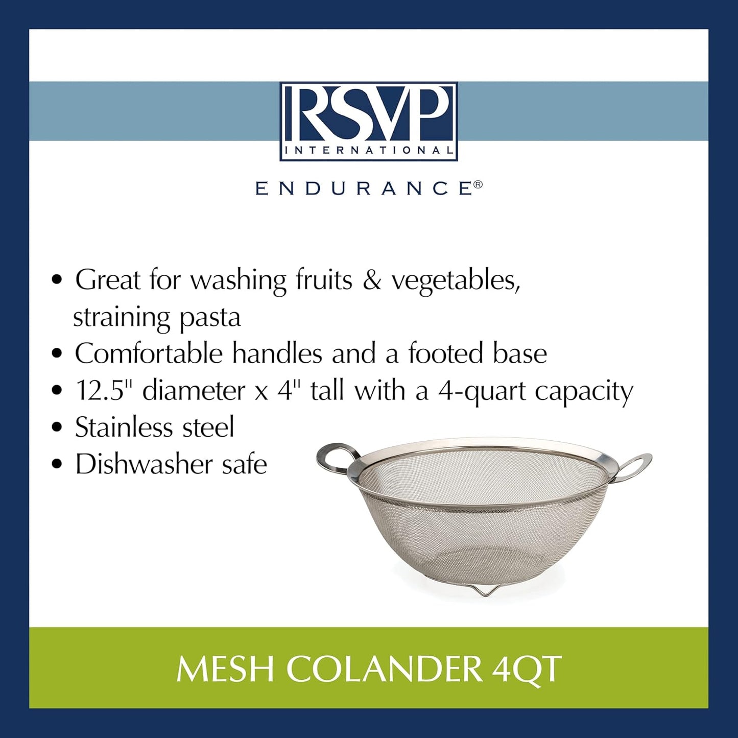 RSVP International Mesh Colander Strainer Basket with Folding Handles, 3 Quarts | For Pasta, Frying, & Salads | Dishwasher Safe | Use in Pressure Cookers | Steaming, Draining & Rinsing