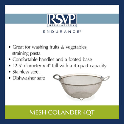 RSVP International Mesh Colander Strainer Basket with Folding Handles, 3 Quarts | For Pasta, Frying, & Salads | Dishwasher Safe | Use in Pressure Cookers | Steaming, Draining & Rinsing