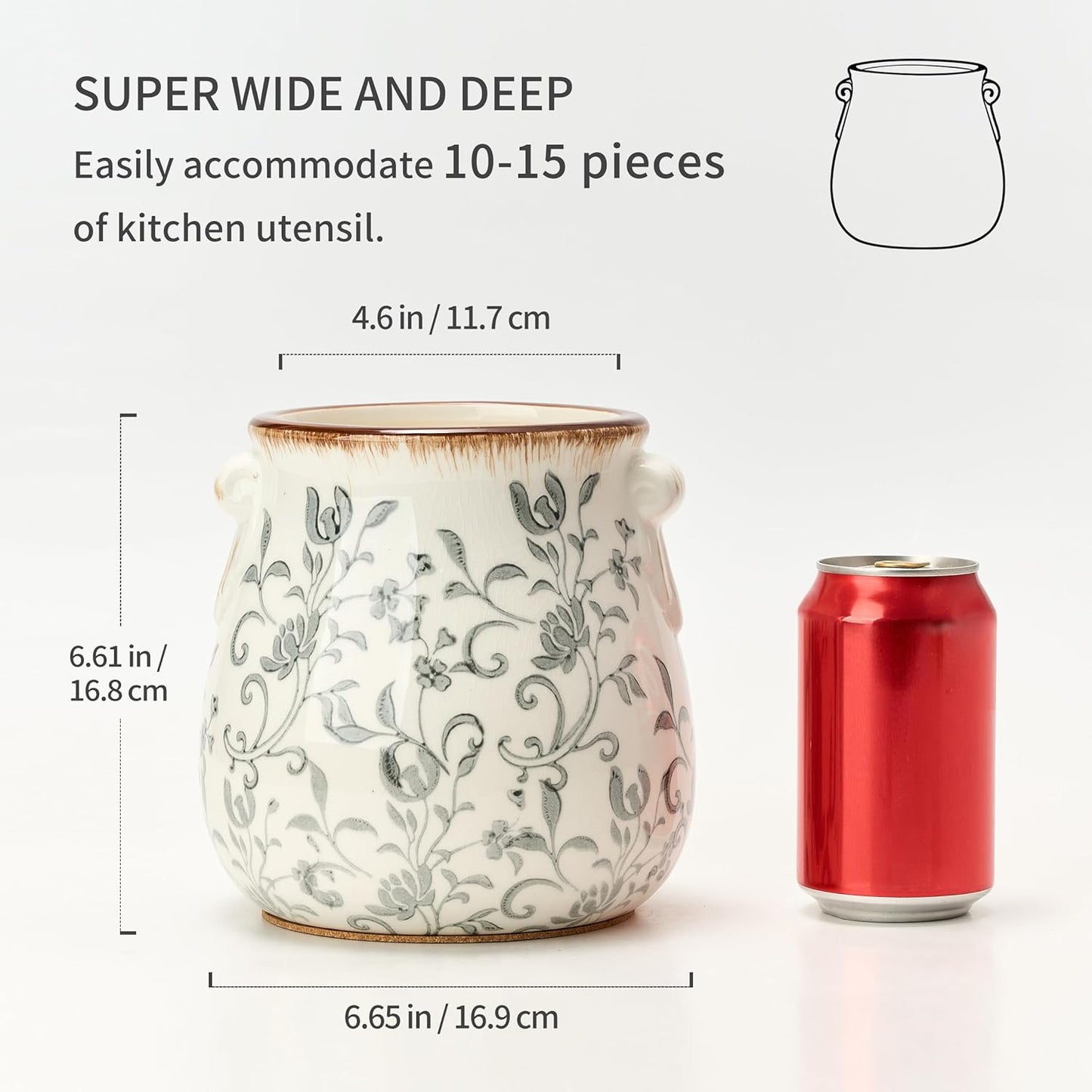 Utensil Holder for Kitchen Counter, Modern Farmhouse Rustic Cooking Utensil Holder and Crock, Exquisite Chinoiserie Floral Ceramic Utensil Organizer for Home Kitchen Decor- Green and Beige