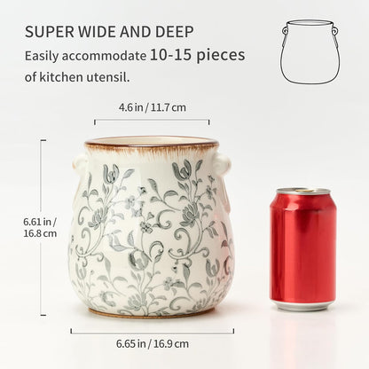 Utensil Holder for Kitchen Counter, Modern Farmhouse Rustic Cooking Utensil Holder and Crock, Exquisite Chinoiserie Floral Ceramic Utensil Organizer for Home Kitchen Decor- Green and Beige