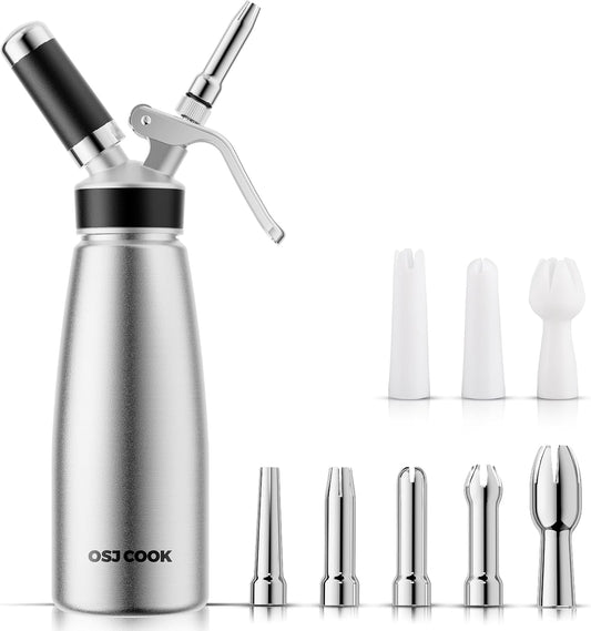 Professional Aluminum Whipped Cream Dispenser - 500 mL/1 Pint,Leak-Free Whipped Cream Maker Canister with 8 Decorating Nozzles & Cleaning Brush - N2O Chargers (Not Included) (Silver, 500ml)