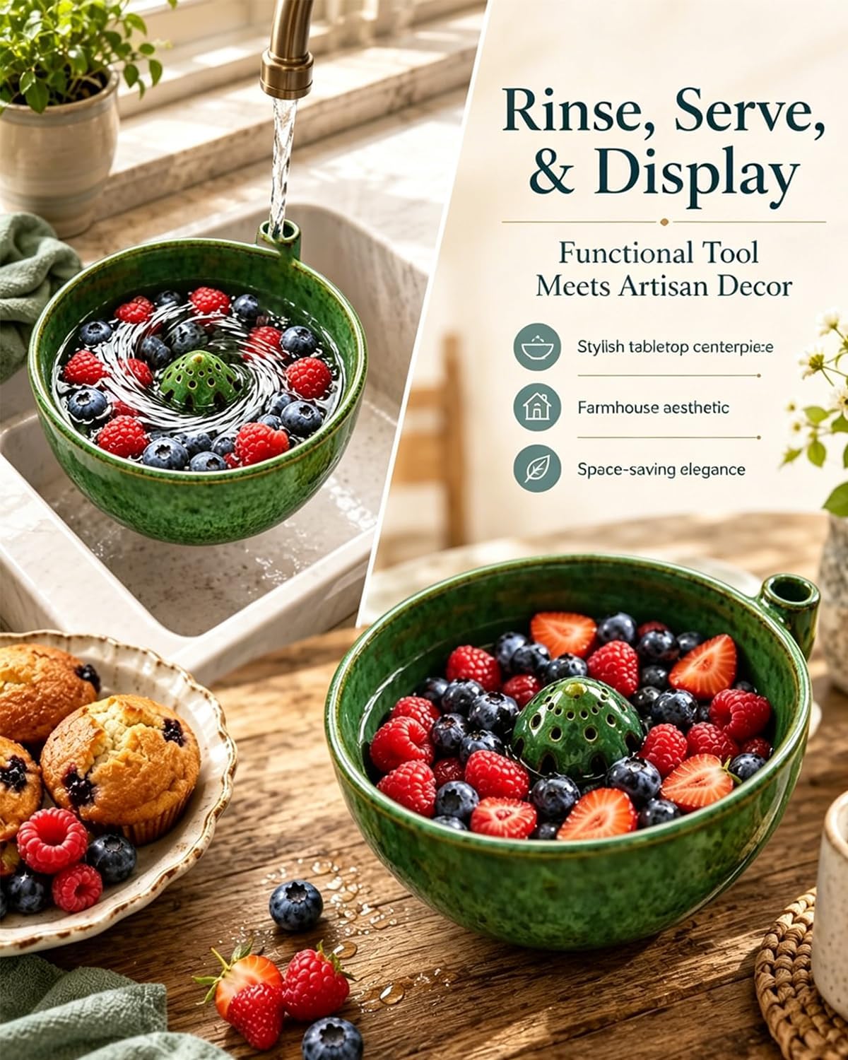 Vortex Berry Bowl The Original Artisan Swirling Berry Bowls Handmade 3D Print Berry Colander Self Rinsing Fruit Washing Stoneware Rinse Gentle Dynamic Washer Spinner Basket(3D Printing Blue)