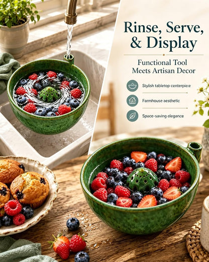 Vortex Berry Bowl The Original Artisan Swirling Berry Bowls Handmade 3D Print Berry Colander Self Rinsing Fruit Washing Stoneware Rinse Gentle Dynamic Washer Spinner Basket(3D Printing Blue)