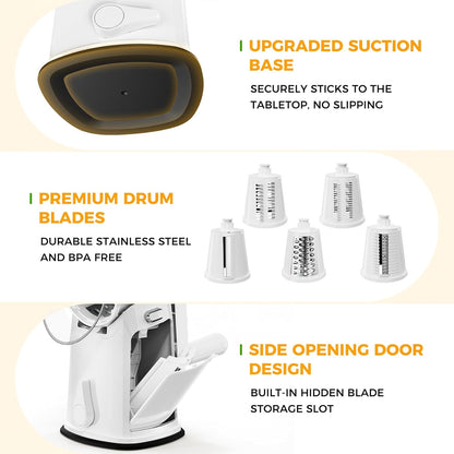 7 IN 1 Upgraded Rotary Cheese Grater with Handle – Vegetable Shredder with Built-in Storage Blade Slot, 5 Versatile Blades, Strong Suction Base Round Mandoline Slicer, Food Chopper for Kitchen