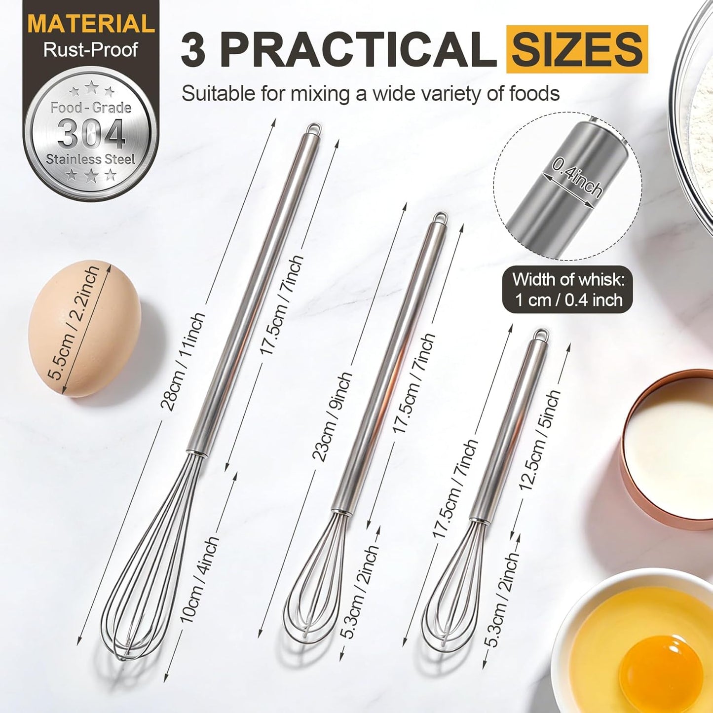 Stainless Steel Whisk Set, 3 Pack Balloon Wire Whisks for Cooking, 7" 9" 11" Kitchen Whisks for Eggs, Sauces, Batter, Mixing and Baking