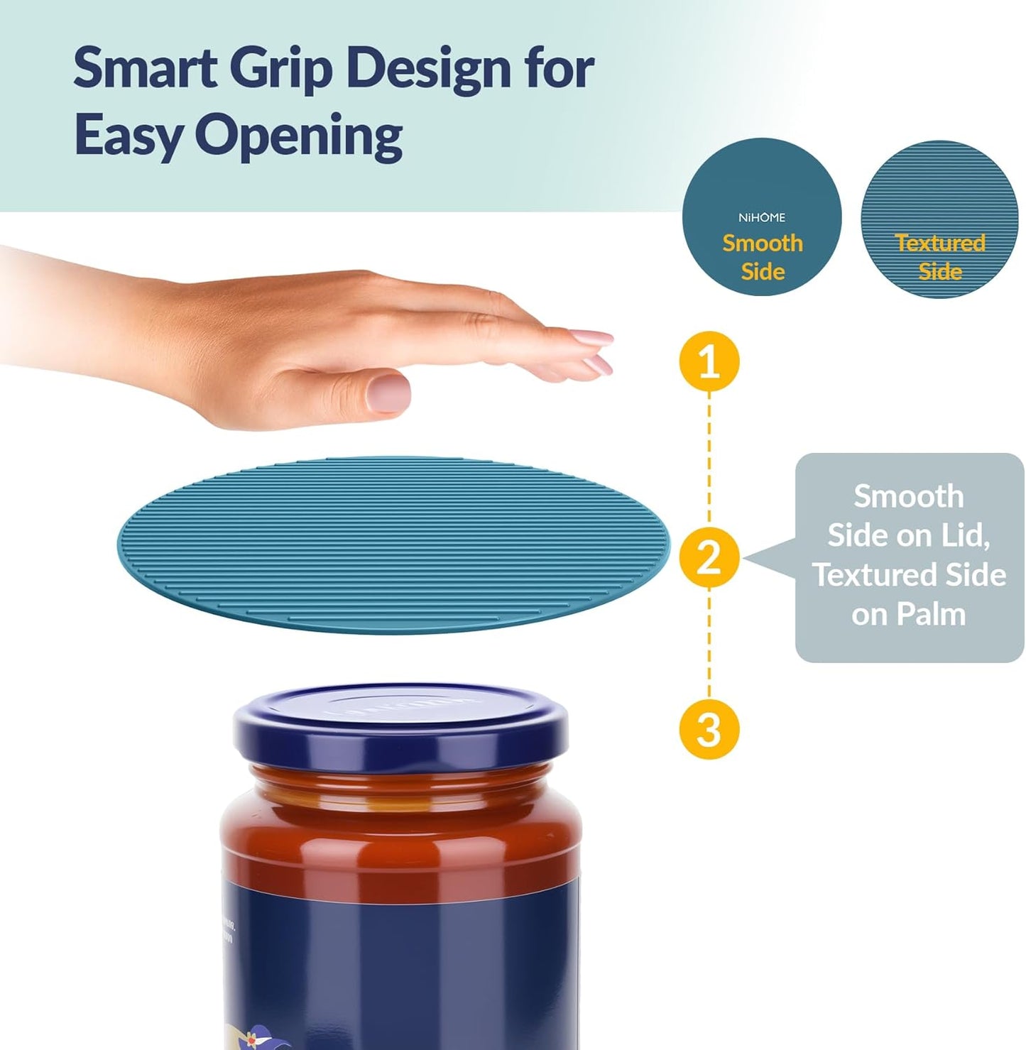 NIHOME Silicone Jar Opener – 6 Inch Large Anti-Slip Grip Pads, Premium 100% Food-Grade Silicone, Stylish Designer Colors, Multi-Purpose Heat-Resistant Mat & Coaster, Set of 4