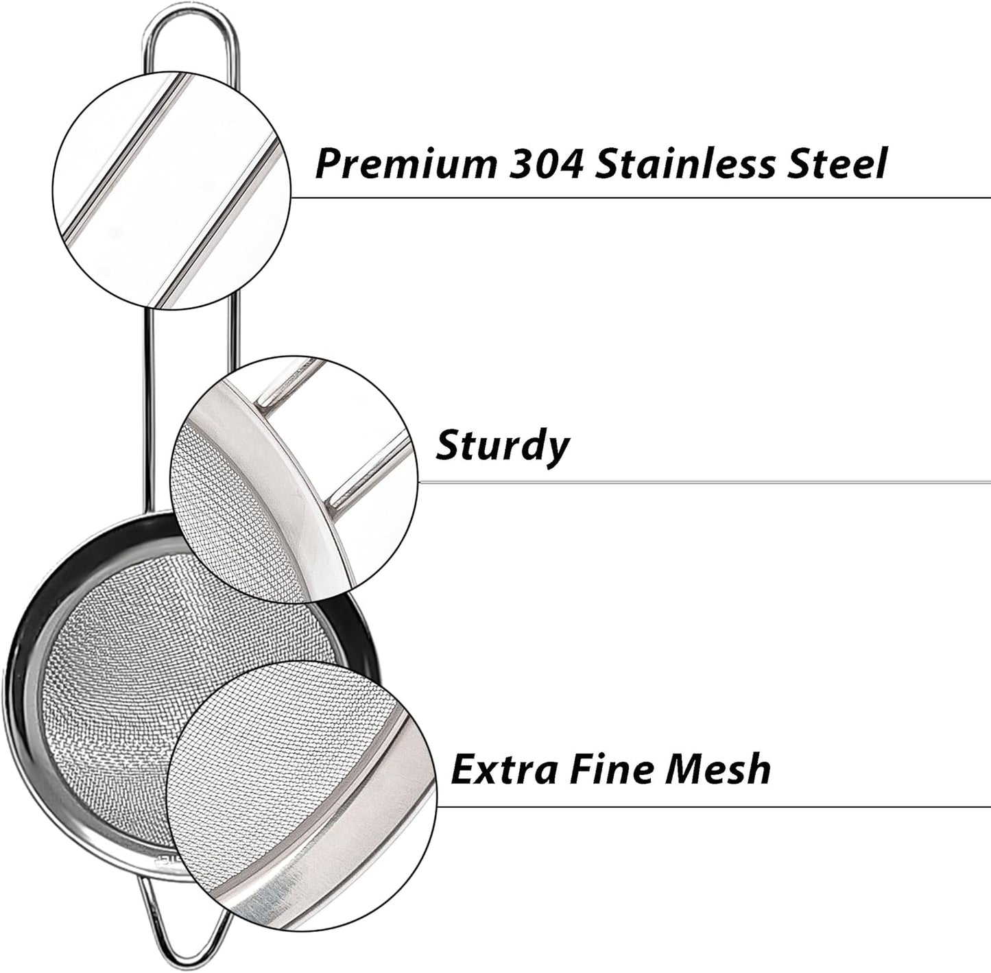 Makerstep 304 Stainless Steel Fine Mesh Strainers for Kitchen. Food Strainer Tea Strainer Coffee Strainer with Long Handle. 3.3 Inch