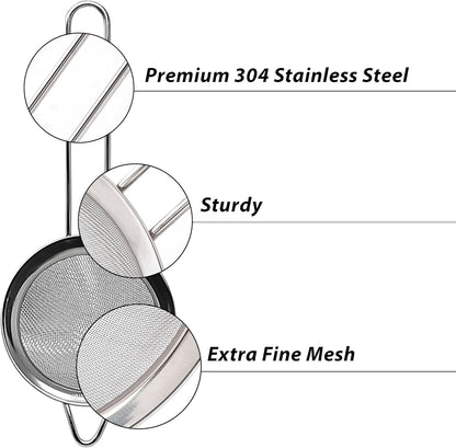 Makerstep 304 Stainless Steel Fine Mesh Strainers for Kitchen. Food Strainer Tea Strainer Coffee Strainer with Long Handle. 3.3 Inch