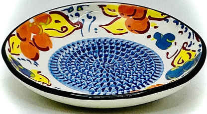 BonCera, All-in-one Premium Ceramic Garlic Grater Plate 4-Piece Set - Artisan Flower Blue Center Design - For Garlic, Ginger, Chocolate, and more! - Comes with 5" Plate, Peeler, Brush, and Stand