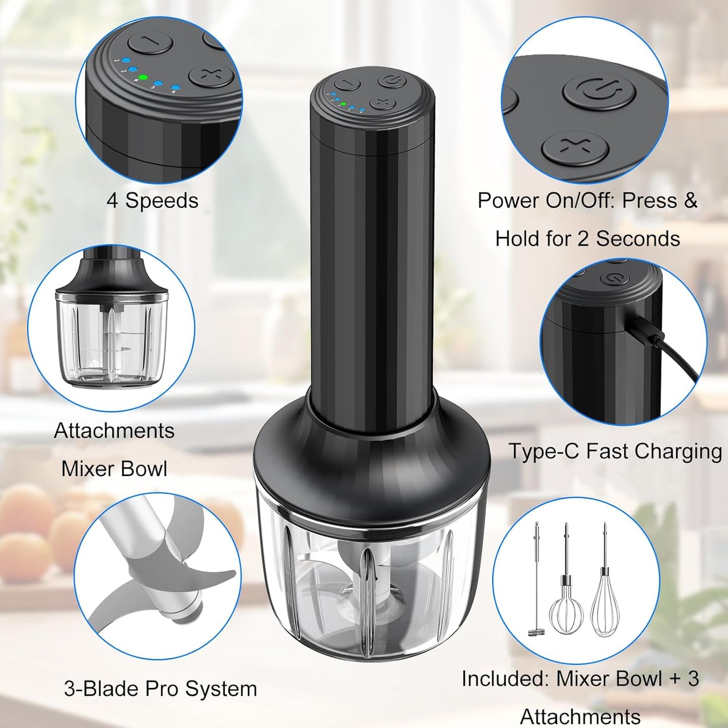 Cordless Hand Mixer MixgoII, Handheld Mixer Electric Whisk & Milk Frother, Hand Held Mini Mixers, Rechargeable Hand Mixer and Whisker, Food Processor for Cooking, Food Chopper, 4-Speed, 10Oz