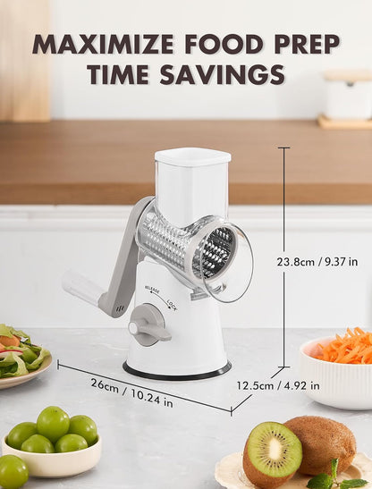 Cheese Grater Rotary, Rotary Grater for Kitchen, Kitchen Grater Vegetable Slicer with 3 Drum Blades, Fast Cutting Cheese Shredder for Vegetables and Nuts