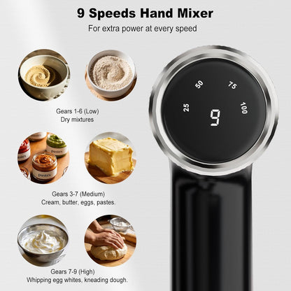 Camic Electric Hand Mixer with 9 Speeds, Powerful Motor, Cordless Hand Mixer with Whisk, Dough Hook and Mixing Rod for Whipping Eggs, Cream, Butter, Jam, Kneading Dough and Blending (White+Black)
