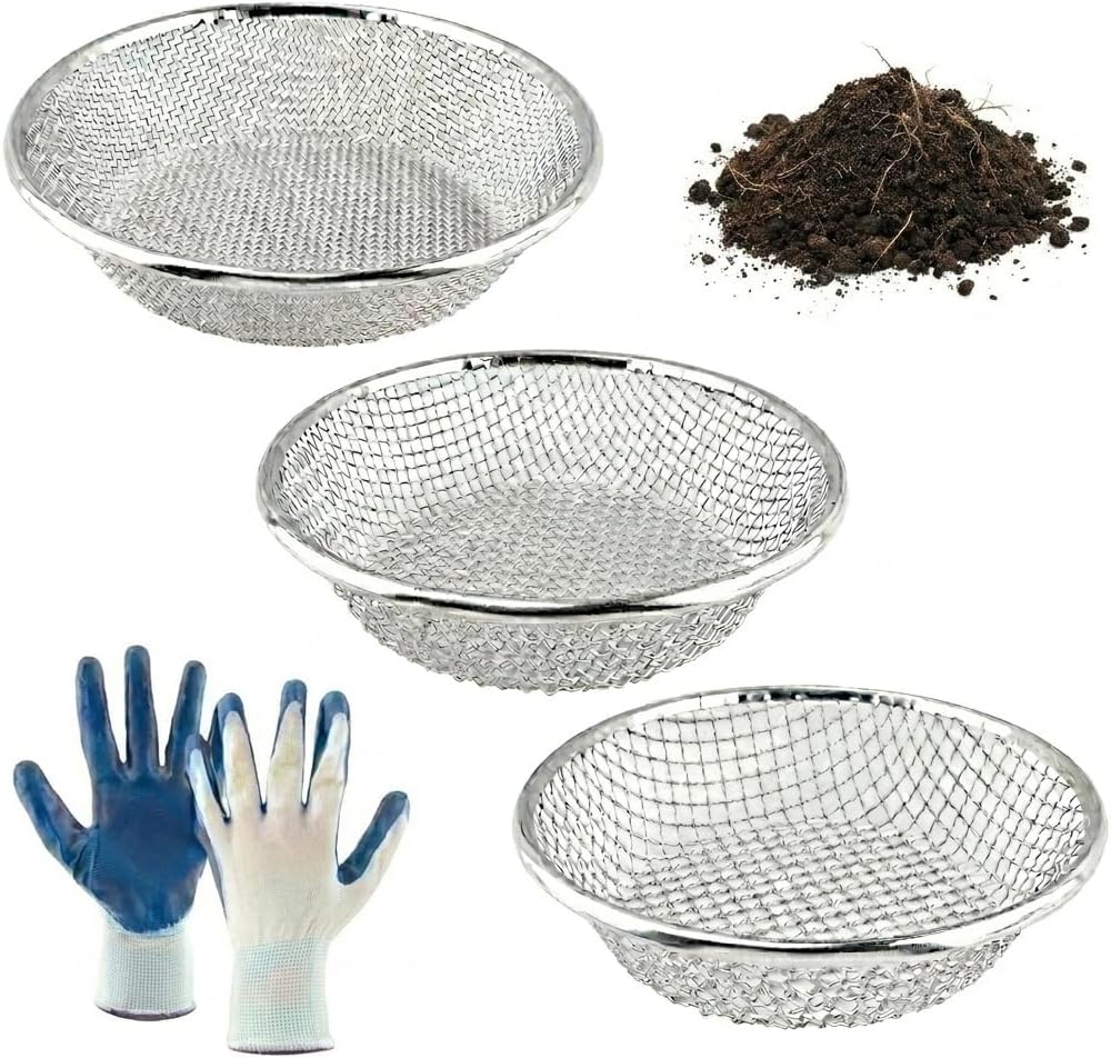Gardening Sieve with Mesh Strainer, Soil Sifter Screens for 5 Gallon Buckets, Iron Bucket-Top Sieve Set with Gloves, 3/8 inch, 1/4 inch and 1/8 inch Mesh for Compost, Sawdust and Worm Castings