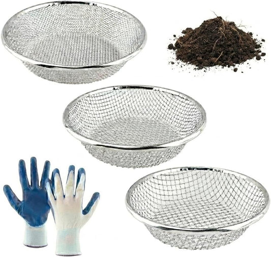 Gardening Sieve with Mesh Strainer, Soil Sifter Screens for 5 Gallon Buckets, Iron Bucket-Top Sieve Set with Gloves, 3/8 inch, 1/4 inch and 1/8 inch Mesh for Compost, Sawdust and Worm Castings