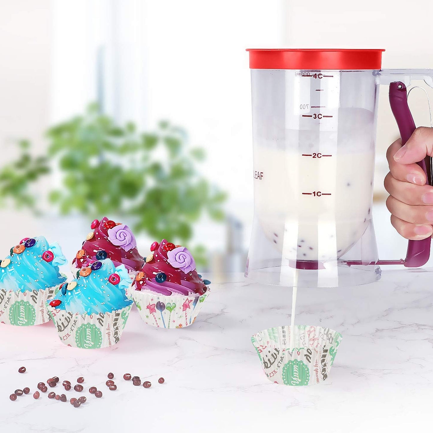 BBSTARZ Pancake Batter Dispenser – 4-Cup Batter Dispenser with Squeeze Handle & Measuring Marks for Pancakes, Waffles, Muffins, Crepes & Cupcakes – Baking Tool(Red)