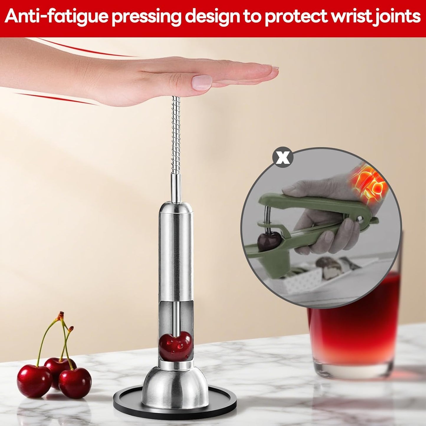 Cherry Pitter Tool, Single-Hole 304 Stainless Steel Cherry Pit Remover for Fresh&Maraschino Cherries, One-Hand Press Fruit Pit Corer Kitchen Tool, Dishwasher, Easy to Clean (Large)