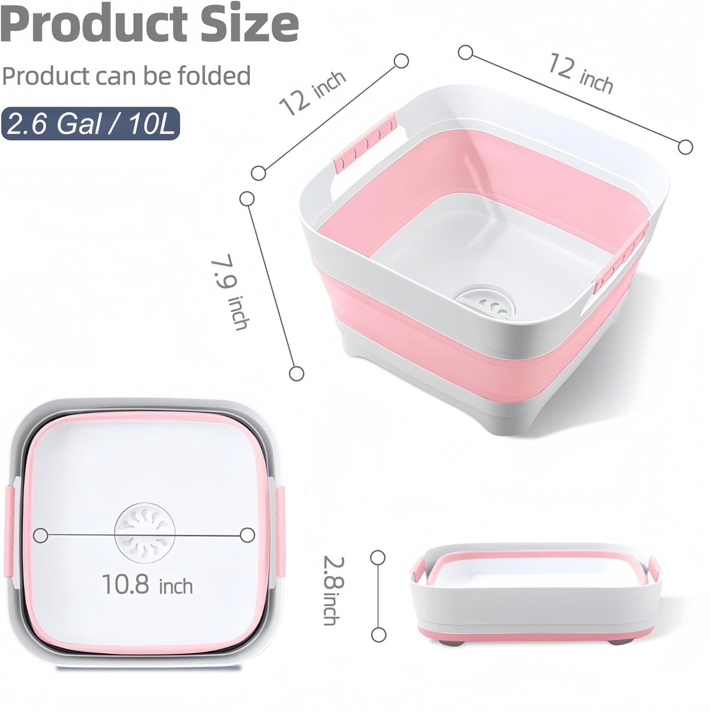 2.6 Gal/10L Collapsible Wash Basin with Drain Plug, Portable Foldable Dish Tub, Large Capacity Space-Saving Sink for Baby Bottles, RV, Camping, Kitchen, Travel & Outdoor Use