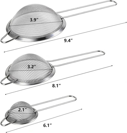 3 Pcs Fine Mesh Strainers with Handle, Stainless Steel Sifter Metal Strainer Set, Small Mini Sieve for Kitchen, Tea, Cocktail, Juice Coffee