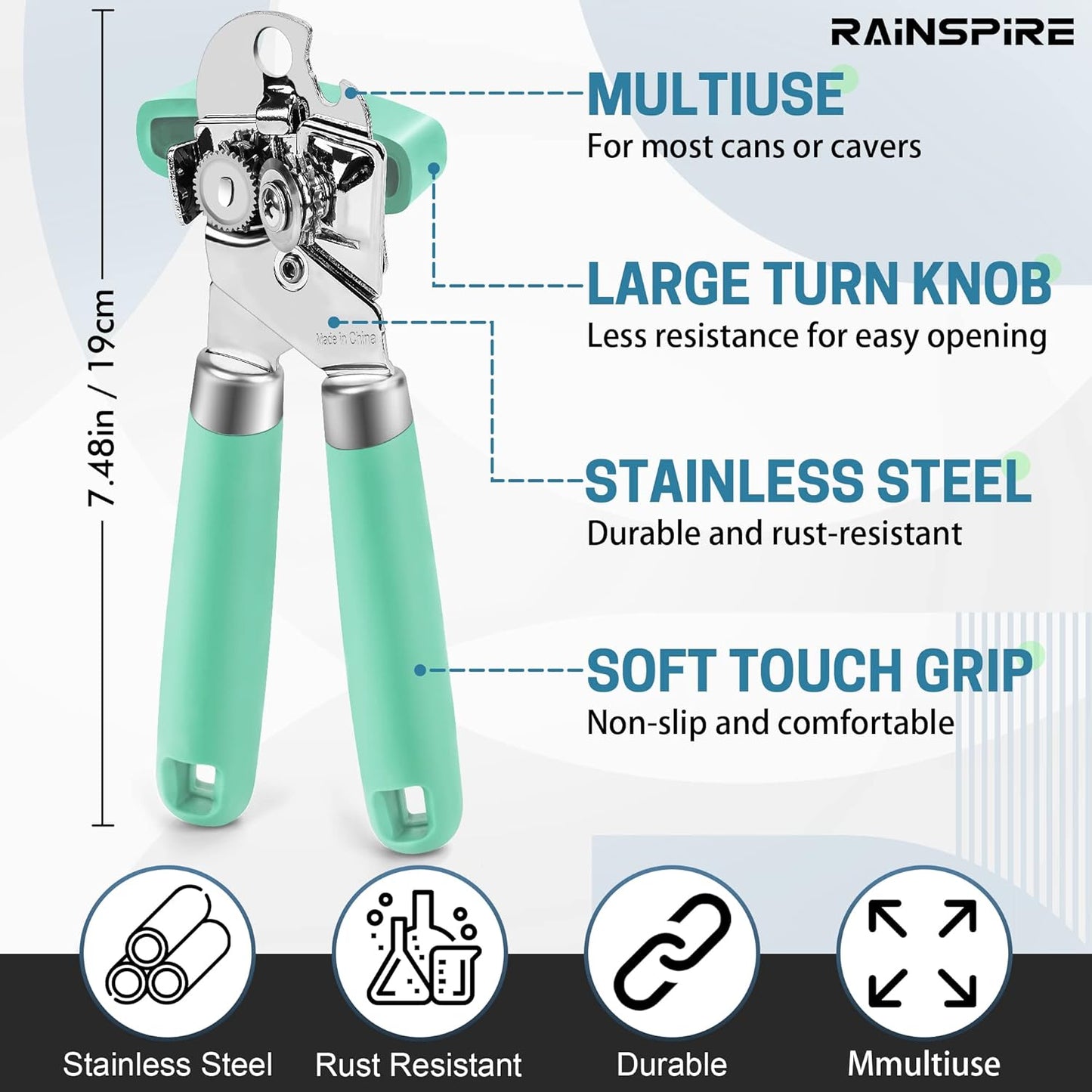 Rainspire Upgraded Can Opener Manual with Bottle Opener Smooth Edge Cut, Can Opener Heavy Duty, Comfortable Soft Handle, Built-in Bottle Opener, Black