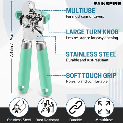 Rainspire Upgraded Can Opener Manual with Bottle Opener Smooth Edge Cut, Can Opener Heavy Duty, Comfortable Soft Handle, Built-in Bottle Opener, Black