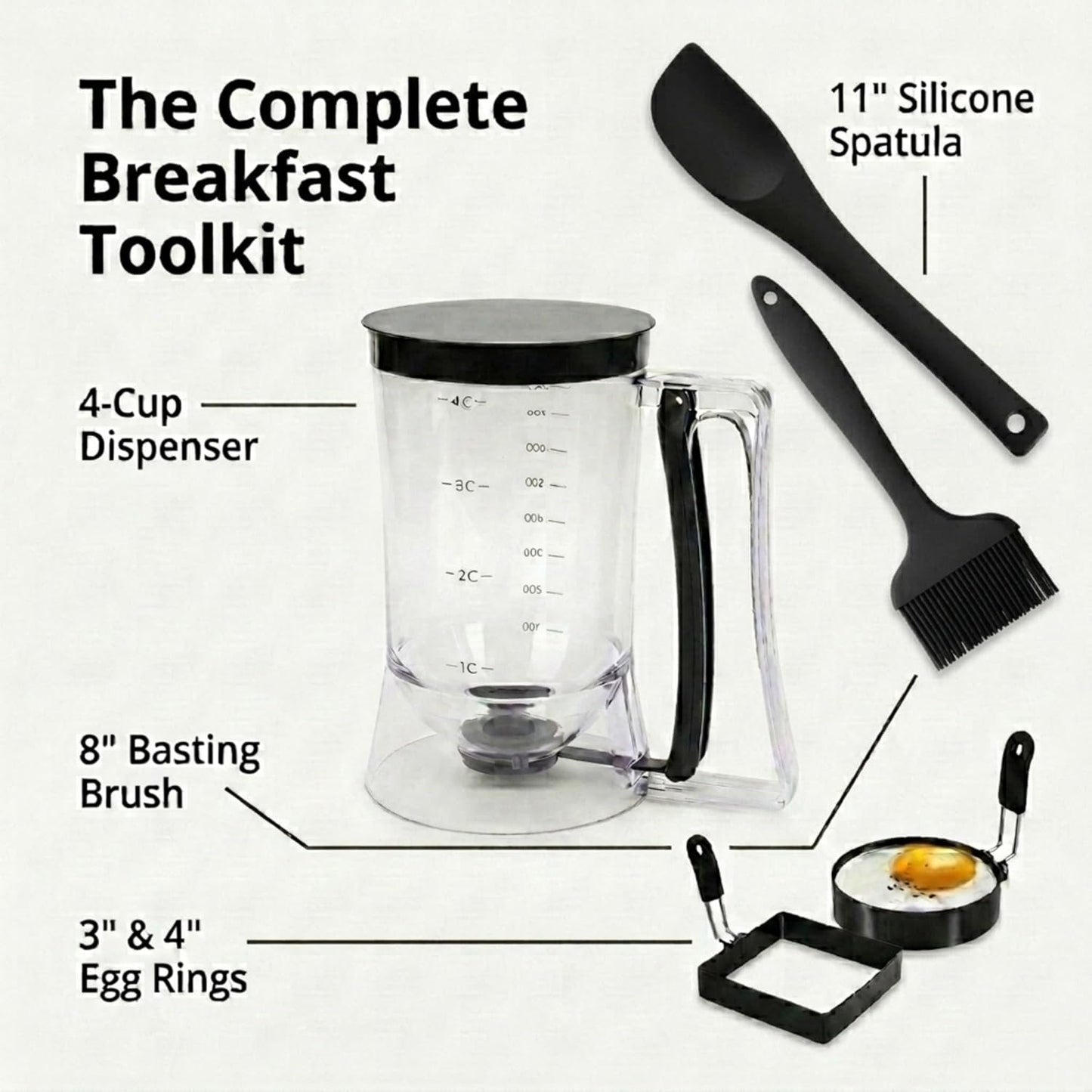 Complete Pancake & Cupcake Batter Dispenser Set - 4 Cup Capacity with Silicone Spatula, Basting Brush & Egg Rings - BPA Free All-In-One Breakfast & Baking Kitchen Tool for Home Cooking