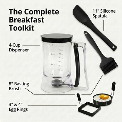 Complete Pancake & Cupcake Batter Dispenser Set - 4 Cup Capacity with Silicone Spatula, Basting Brush & Egg Rings - BPA Free All-In-One Breakfast & Baking Kitchen Tool for Home Cooking