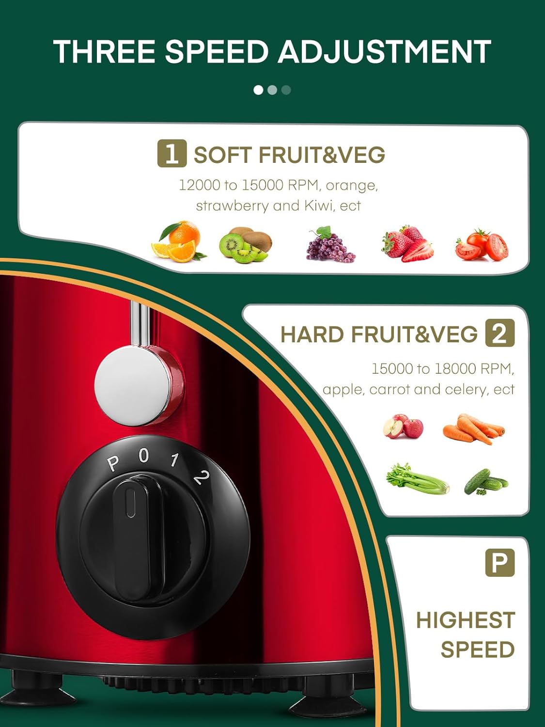 Juicer Machines, HOUSNAT Juicer Whole Fruit and Vegetables with 3-Speed Setting, 400 W Motor Quick Juicing Ideal for Beginners & Light Daily Use, Cleaning Brush and Juicing Recipe Included