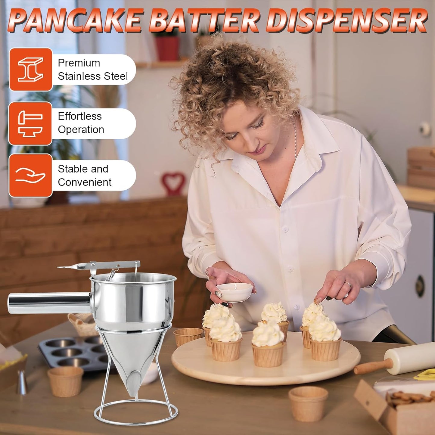 NATGAI 40OZ Stainless Steel Pancake Batter Dispenser, Multi-Caliber Funnel Cake Dispenser with Stand, Fit for Pancakes, Cupcakes, Waffles, and Baked Goods (1200ML/40OZ with 4PCS Silicone Nozzles)
