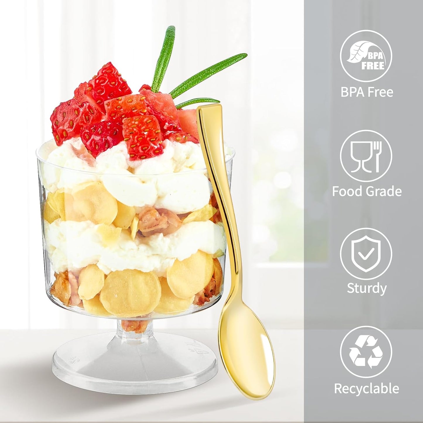 Kucoele 4 Inch Gold Mini Plastic Spoons, 100 Pack Disposable Small Dessert Spoons for Appetizer Tasting, Puddings, Ice Creams, Wedding Reception