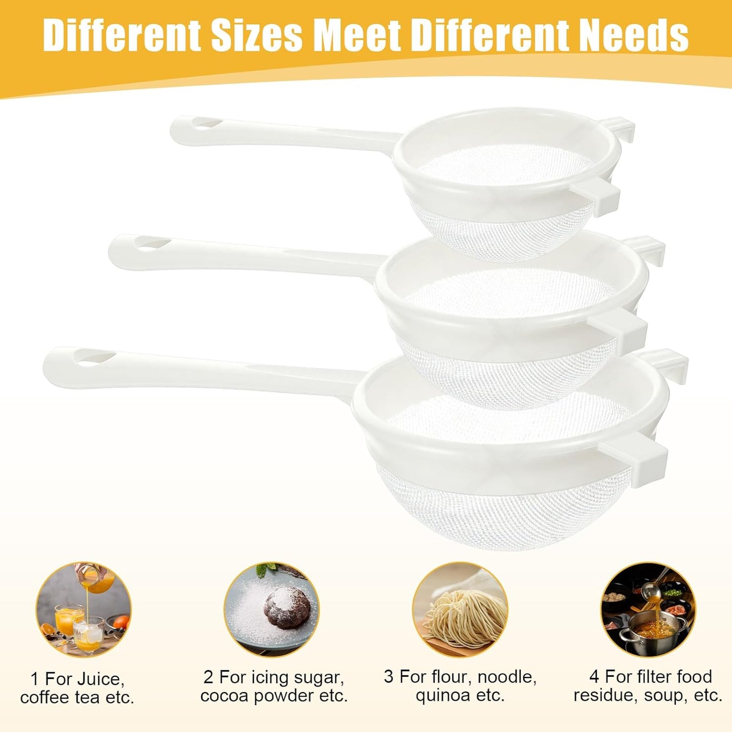 3PCS Plastic Nylon Strainer Set, 3 Sizes Ultra Fine Mesh Strainer for Juicing Kefir Grains Yogurt and More, Food-Grade Nylon Mesh Colander with Handle for DIY Crafts Baking Stuff