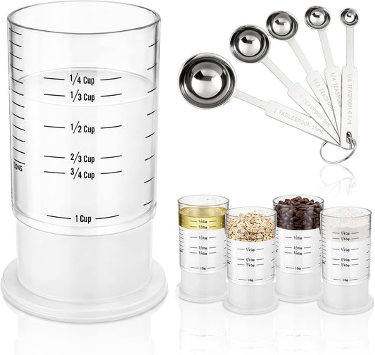 6 Pcs Adjustable Measuring Cups Set Includes 2 Cup Push up Measuring Cup and 5 Measurings Spoon for Peanut Butter 4 in 1 Liquid Dry Semi Solid Ingredient Home Cooking Tool