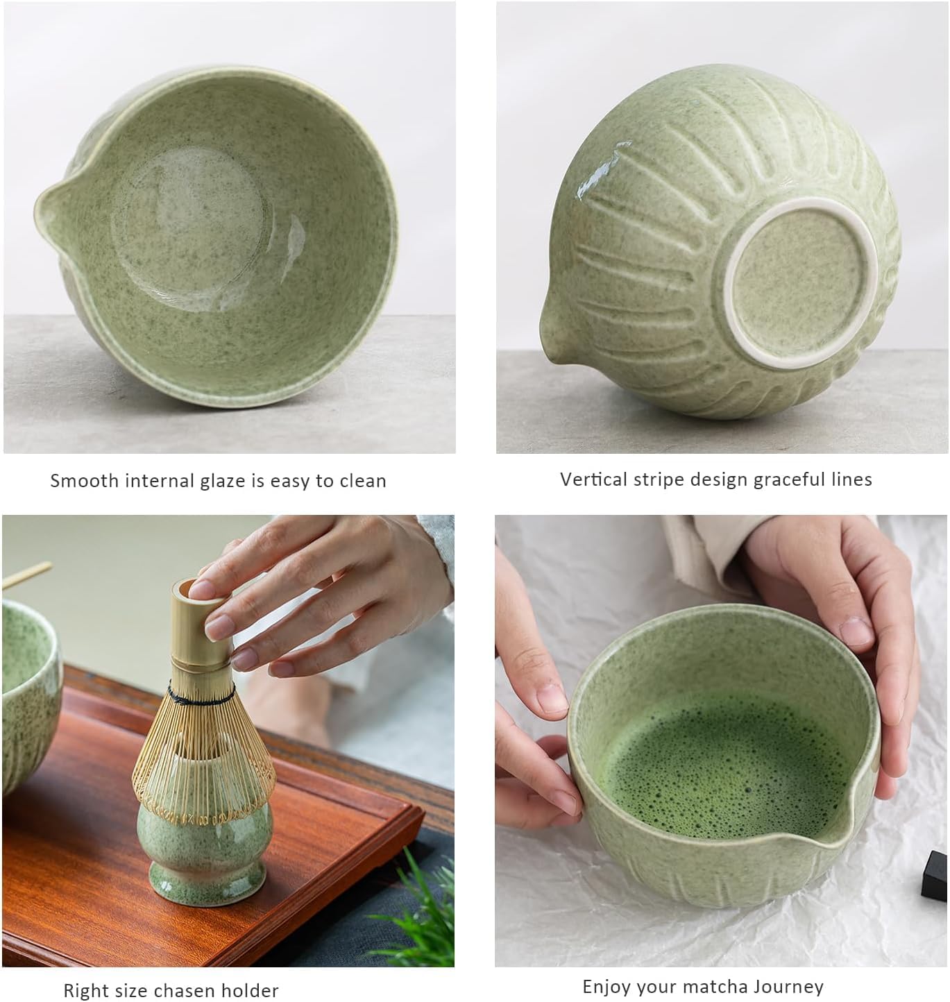 TANG PIN Matcha Set - Match Bowl and Whisk, 15 OZ, Matcha Scoop | Matcha Whisk Stand (Chasen Holder) - 4pc Perfect Matcha Kit for Matcha Tea Ceremony (Mottled Green)