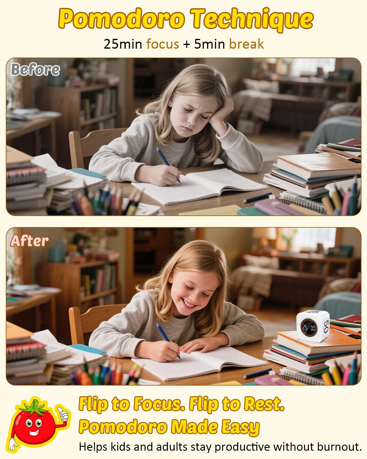 Digital Pomodoro Timer Cube 5/10/25/50min, Visual Productivity Flip Timer for Kids Classroom Desk, Custom Countdown, Silent and Sound Mode for ADHD Study Work Game Kitchen (Orange)
