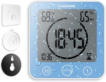 KADAMS Shower Clock Waterproof Bathroom Timer – Digital Wall Clock with Countdown, Magnetic Kitchen Clock with Temperature & Humidity, Suction Cup for Kids Shower Spa Cook Bath (Black)