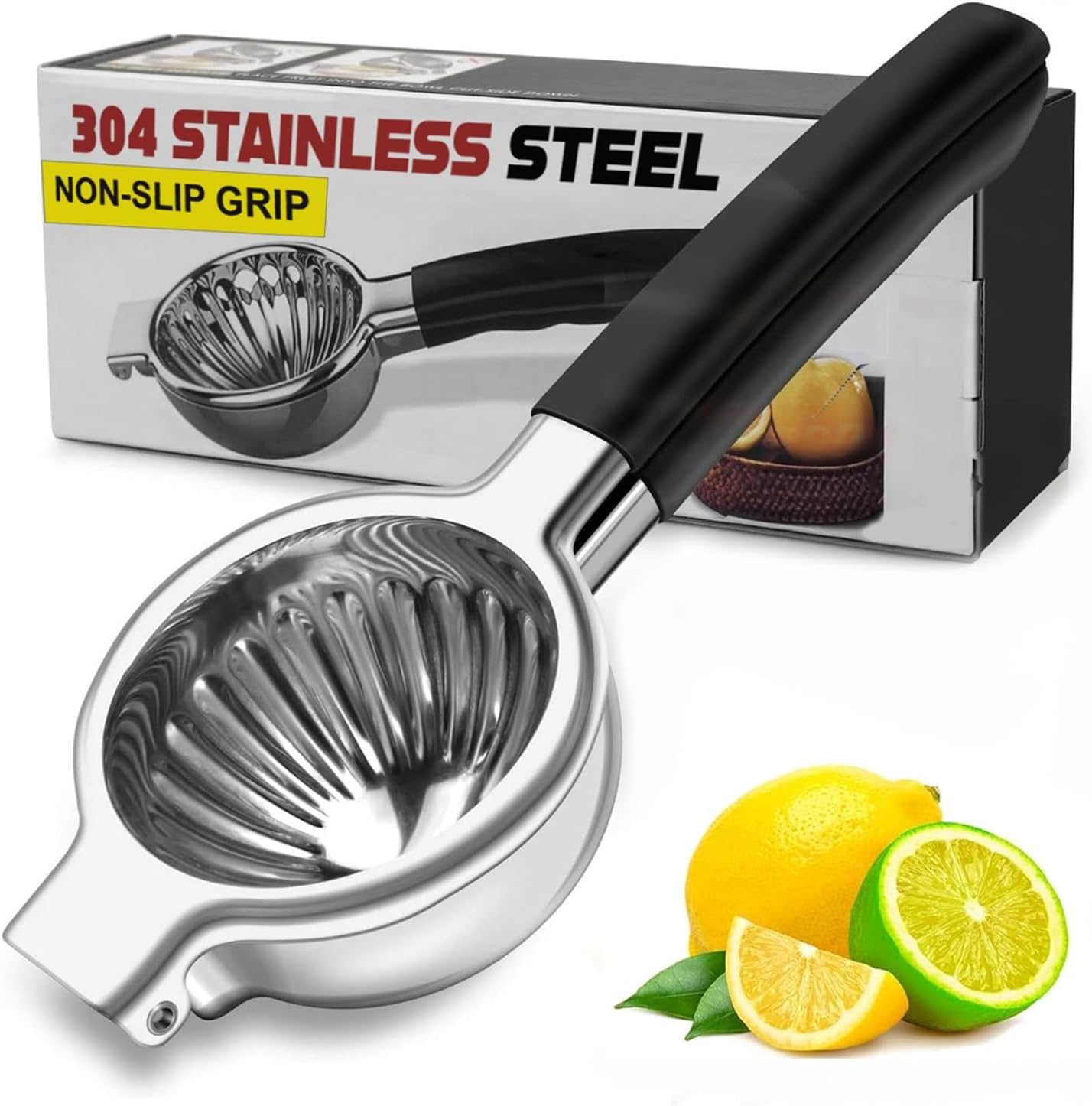 Lemon Squeezer Stainless Steel - Manual Citrus Juicer Large, Metal Lime Squeezer Hand Press, Orange Juice Extractor with Non-Slip Grip, Dishwasher Safe - TUISWO (Silver/Black)
